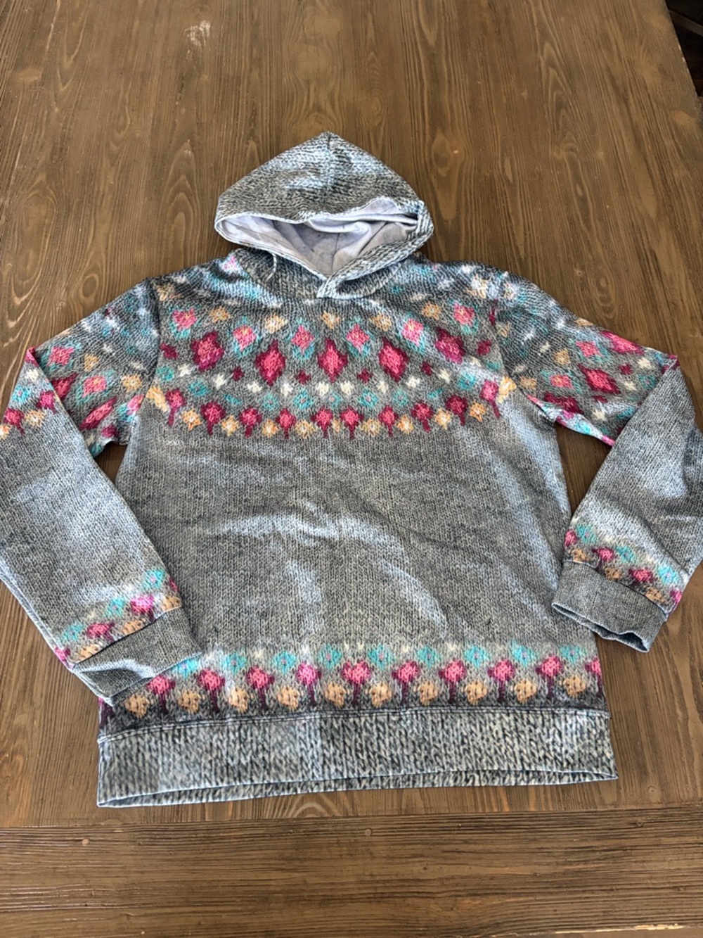 Gray Hooded Women’s sweatshirt with Faux Fair Isle Pattern
